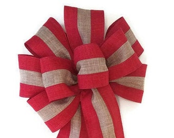 Red & Natural Stripe Linen Christmas Bow