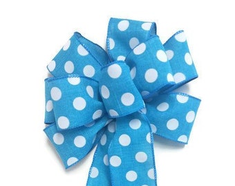 Handmade Sky Blue & White Polka Dot Bow Aqua