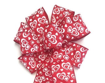 Red & White Hearts Bow - Handmade Bow - Wired Wreath Bow - Glitter Bow - Valentine's Day Bow - Love Anniversary Valentine - Choose Size