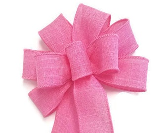 SMALL 6" Medium Pink Bow - Handmade Bow - Wired Wreath Bow - Linen Bow - Spring Bow - Easter Bow - Home Decor