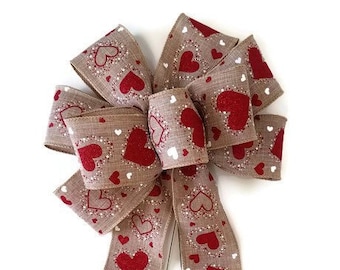 Red and White Hearts Bow - Linen Bow - Handmade Bow - Wired Wreath Bow - Valentine's Day Bow - Choose Size