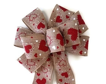 Red and White Hearts on Natural Linen with Glitter Wired Wreath Valentine's Day Bow