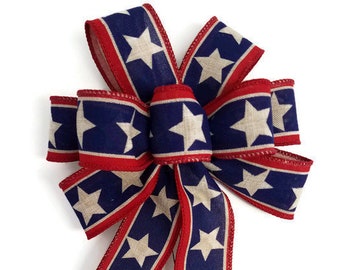 Small 5-6" Wired Patriotic Red, Natural & Blue Bow with Stars