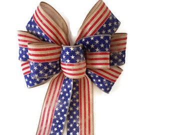Wired Red, Natural and Blue Patriotic Wreath Bow