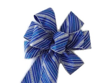 Blue and Silver Stripe Bow - Handmade Bow - Wired Wreath Bow - Glitter Bow - Holiday Bow - Choose Size