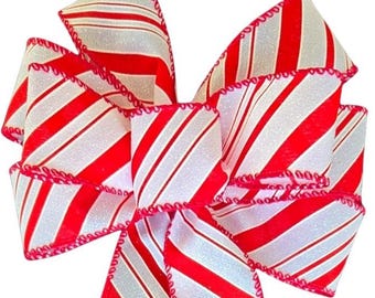 SMALL 6" Red and White Iridescent Stripe Bow - Handmade Bow - Christmas Bow - Wired Wreath Bow - Candy Cane - Diagonal