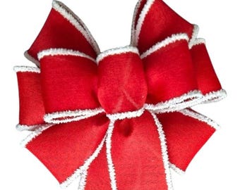 Red Linen with White Fur Edge Christmas Wired Wreath Bow - Choose Size - Handmade