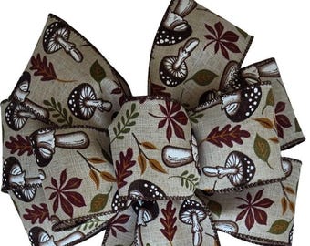 Mushroom and Leaf Bow - Handmade Bow - Autumn Bow - Fall Bow - Wired Wreath Bow - Harvest Bow - Thanksgiving Bow - Brown Green - Choose Size