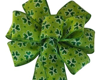 St. Patrick's Day Green Shamrocks Bow - Handmade Bow - Choose Size - Wired Wreath Bow - Linen Bow - Leprechaun Bow - Clovers Bow