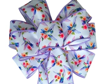Hummingbird Bow - Handmade Wreath Bow, Wired, Flowers, Lavender, Blue, Pink, Bird, Choose Size
