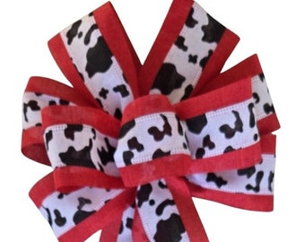 Black and White Holstein Cow Spot Bow with Red Edge - Wired Wreath Bow - Handmade Bow - Farm Bow - Country - Choose Size - Linen Bow - Dairy