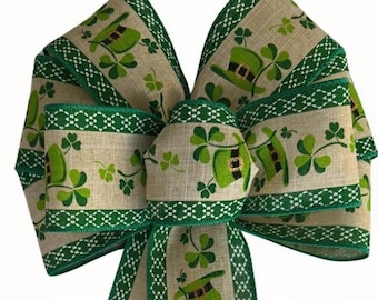 St. Patrick's Day Wired Wreath Bow - Natural Linen - Green Shamrock Clover Handmade - Choose Size