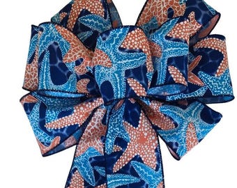 Blue Starfish Seashore Beach Bow - Wired Wreath Bow - Handmade Bow - Choose Size - Navy, Blue and Coral Pink Summer Bow - Coast - Home Decor