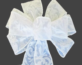 White Outdoor Wired Bow - Handmade Bow - Christmas Bow - Holiday Bow - Weather Resistant