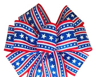 Handmade Patriotic Wreath Bow, American Flag Stripe Wired Bow, Red, White , Blue
