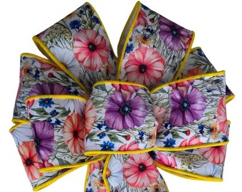 Spring Floral Bow - Handmade Wreath Bow, Wired, Flowers, Lavender, Yellow, Blue, Pink, Easter, Daisy