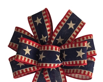 SMALL 6" Patriotic Star Wired Wreath Bow - Red, Natural & Blue - Handmade