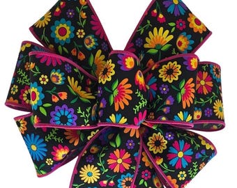 Bright Flowers on Black Ribbon Bow - Handmade Bow - Choose Size - Wired Wreath Bow - Spring Bow - Linen Bow - Printed Bow - Pink Yellow Blue