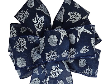 Seashells on Navy Blue Bow - Wired Wreath Bow - Handmade Bow - Choose Size - Summer Bow - Coast - Home Decor