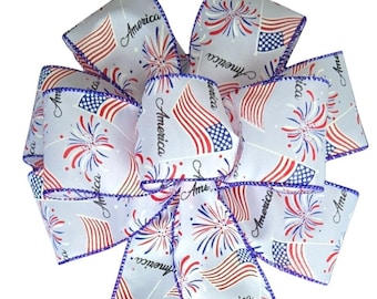 Red, White and Blue Patriotic Bow Fireworks Bow - Handmade Bow - Wired Wreath Bow - American Flag Bow - Choose Size - Linen Bow - USA