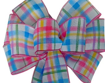 Bright Spring Bow - Pink, Yellow, Blue and White Plaid Bow - Wired Wreath Bow - Easter Bow - Handmade Bow - Choose Size - Home Decor