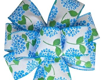 Blue Hydrangea Flowers Bow - Handmade Bow - Choose Size - Wired Wreath Bow - Summer Bow - Printed Bow - Blue and White Bow - Floral Bow