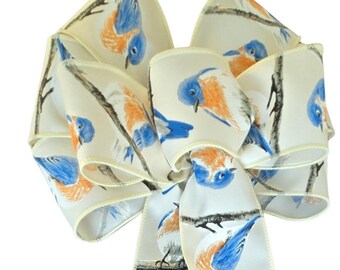Bluebird Bow - Handmade Bow - Wired Wreath Bow - Linen Bow - Eastern Blue Bird - Choose Size - Spring Bow - Animal Bow