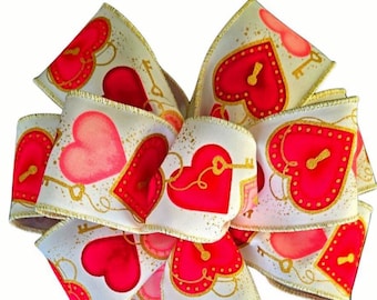 Valentine's Day Bow Wreath Bow - Red and Pink Hearts and Locks - Wired - Handmade - Choose Size
