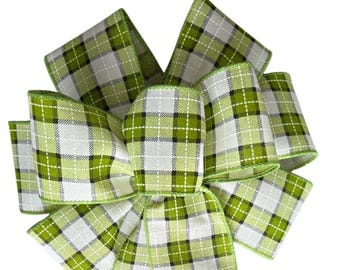 Moss Green, and Cream Plaid Handmade Fall Bow - Choose Size  - Wired Wreath Bow - Autumn