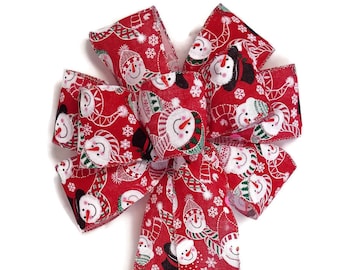 Snowman on Red Ribbon Wired Wreath Bow - Christmas Bow - Holiday Bow