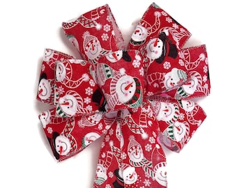 Snowman on Red Linen Bow - Wired Wreath Bow - Handmade Bow - Christmas Bow - Holiday Bow - Red and White Bow - Snowmen Bow - Choose Size