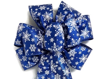 10" Large Royal Blue with White Snowflakes Wired Christmas Bow