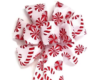 Candy Cane & Peppermint Bow - Handmade Bow - Wired Wreath Bow - Christmas Bow - Choose Size - Holiday Bow - Candy Bow - Red and White Bow