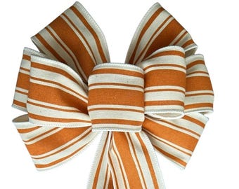 Burnt Orange and Cream Stripe Handmade Fall Bow - Choose Size  - Wired Wreath Bow - Autumn