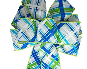Turquoise, Blue and Lime Diagonal Stripe Wired Wreath Bow - Handmade Bow - Choose Size - Summer Bow - Home Decor