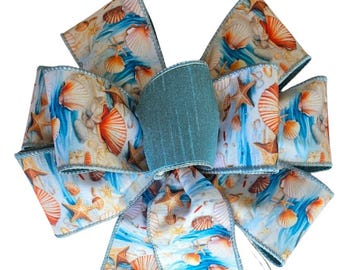 Summer Beach Bow for Wreaths, Handmade, PREMIUM double-sided ribbon - Choose size - Coral and Aqua