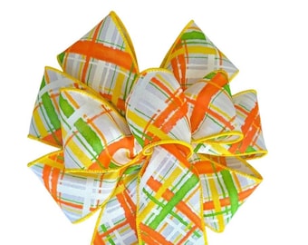 Summer Bow - Orange, Yellow and Lime Diagonal Stripe Wired Wreath Bow - Handmade Bow - Choose Size - Home Decor