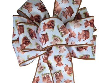 Scottish Highland Cow - Wired Wreath Bow - Handmade Bow - Choose Size -  Brown, Beige