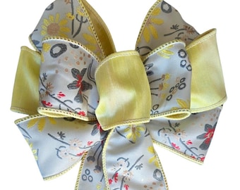 Floral Wired Ribbon Bow – Yellow, Gray, Spring Wreath Decoration - PREMIUM double-sided ribbon - Choose size