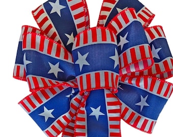 Handmade Patriotic Wreath Bow, American Flag Wired Polyester Bow, Red, White , Blue