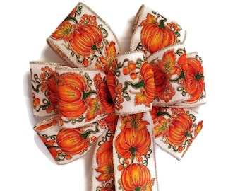 Orange Pumpkin with Glitter Bow - Handmade Bow - Wired Bow - Fall Wreath Bow - Pumpkin Bow - Linen Bow - Autumn Bow