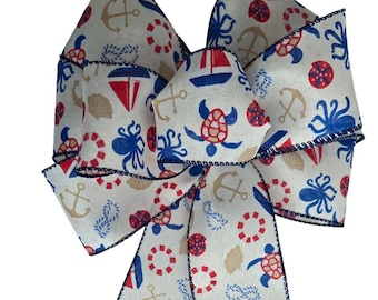 Nautical Bow - Wired Wreath Bow - Handmade Bow - Choose Size -  Summer Bow - Red, Beige, Blue - Home Decor