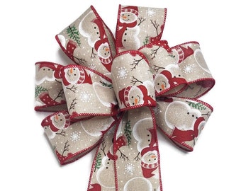 Snowman on Natural Ribbon Wired Christmas Bow