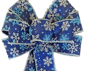 SMALL 6" Blue, White and Aqua Snowflake Bow - Handmade Bow - Christmas Bow - Wired Wreath Bow - Snow