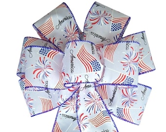 Red, White and Blue Patriotic Bow Fireworks Bow - Handmade Bow - Wired Wreath Bow - American Flag Bow - Choose Size - Linen Bow - USA