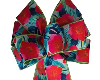Coral Orange Poppy Bow, Handmade, Wired, Wreath Bow, Floral, Summer, Choose Size