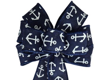 Small 6" Anchors on Navy Blue Linen Bow - Handmade Bow - Linen Bow - Summer Bow - Coast, Beach, Nautical
