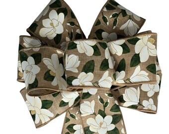 Magnolia on Natural Linen Bow, Handmade, Wired, Wreath Bow, White, Southern, Choose Size