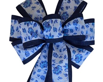 Blue Chinoiserie Flowers Bow - Handmade Bow - Choose Size - Wired Wreath Bow - Spring Bow - Printed Bow - Blue and White Bow - Denim Edge
