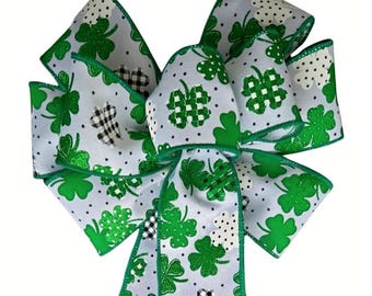 St. Patrick's Day Wired Wreath Bow - Patterned Shamrocks on White Ribbon - Handmade - Choose Size
